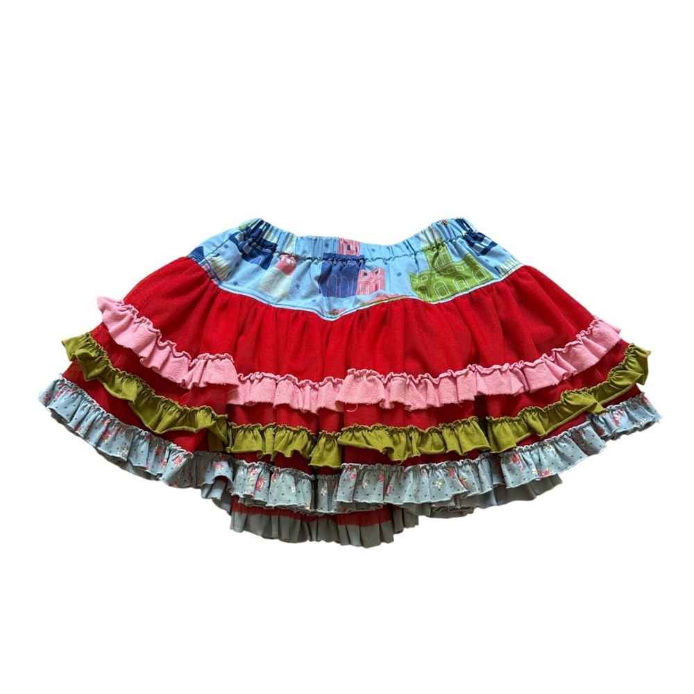 Matilda‎ Jane Ruffle Skirt Kids Red Multi Tiered Boho Cityscape SIZE 2